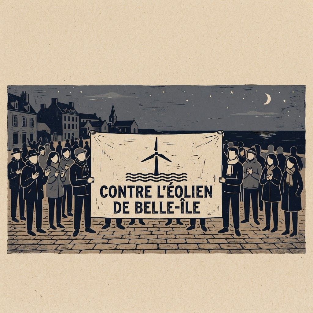 Illustration d'une banderole tenue par un groupe de personnes sur un front de mer, reprenant un visuel contre un projet local. Scène illustrative, pas une photographie d'une manifestation réelle.